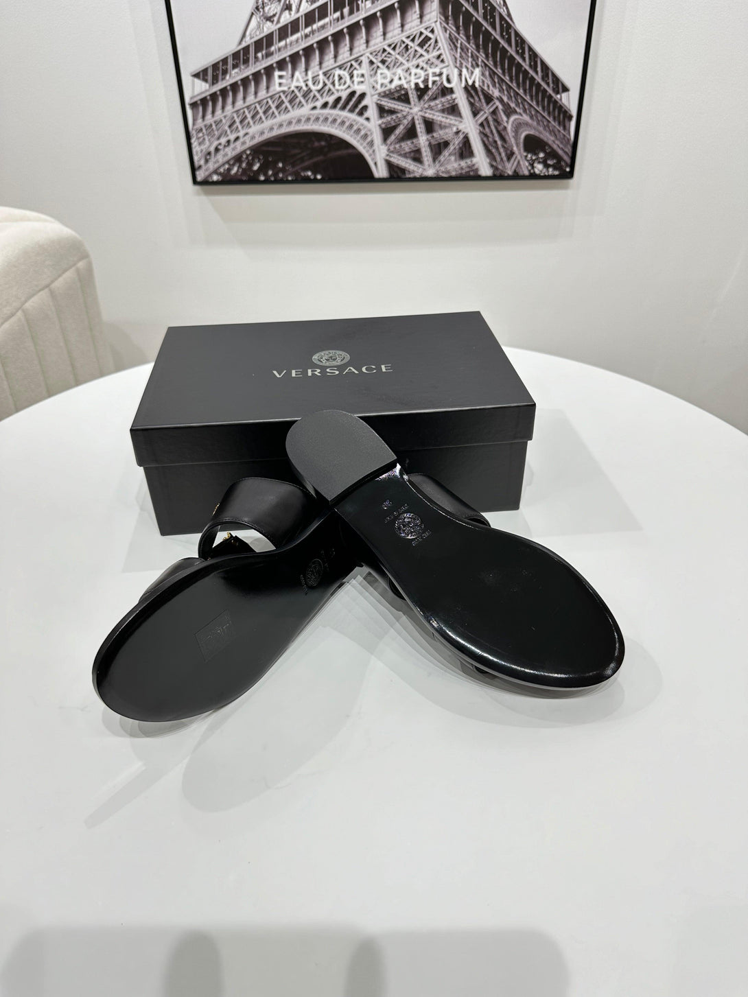 VERSACE
Black Virtus Flat Sandals - Reeluxs 