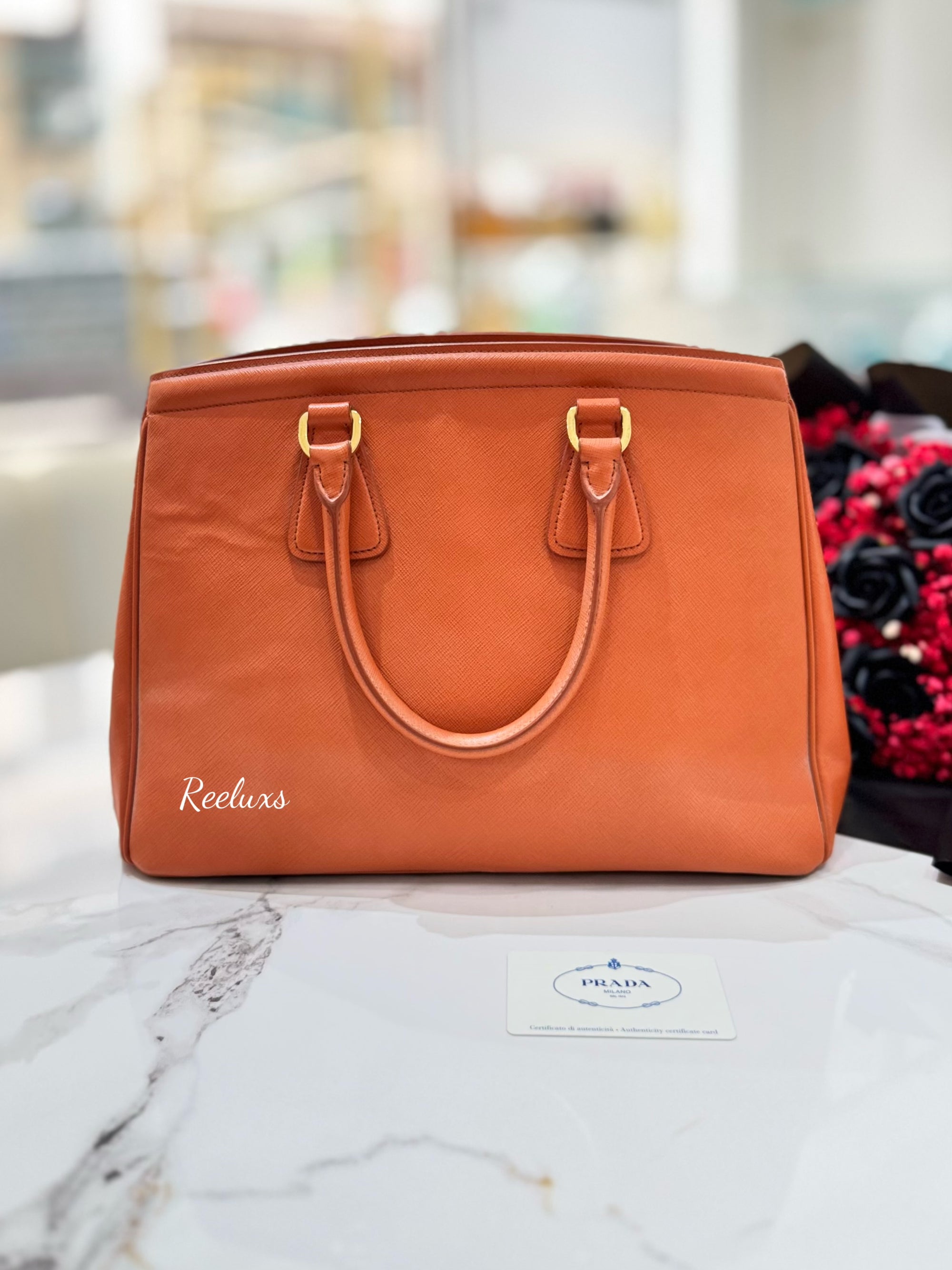 PRADA Papaya Saffiano Lux Leather Parabole Tote Handbag