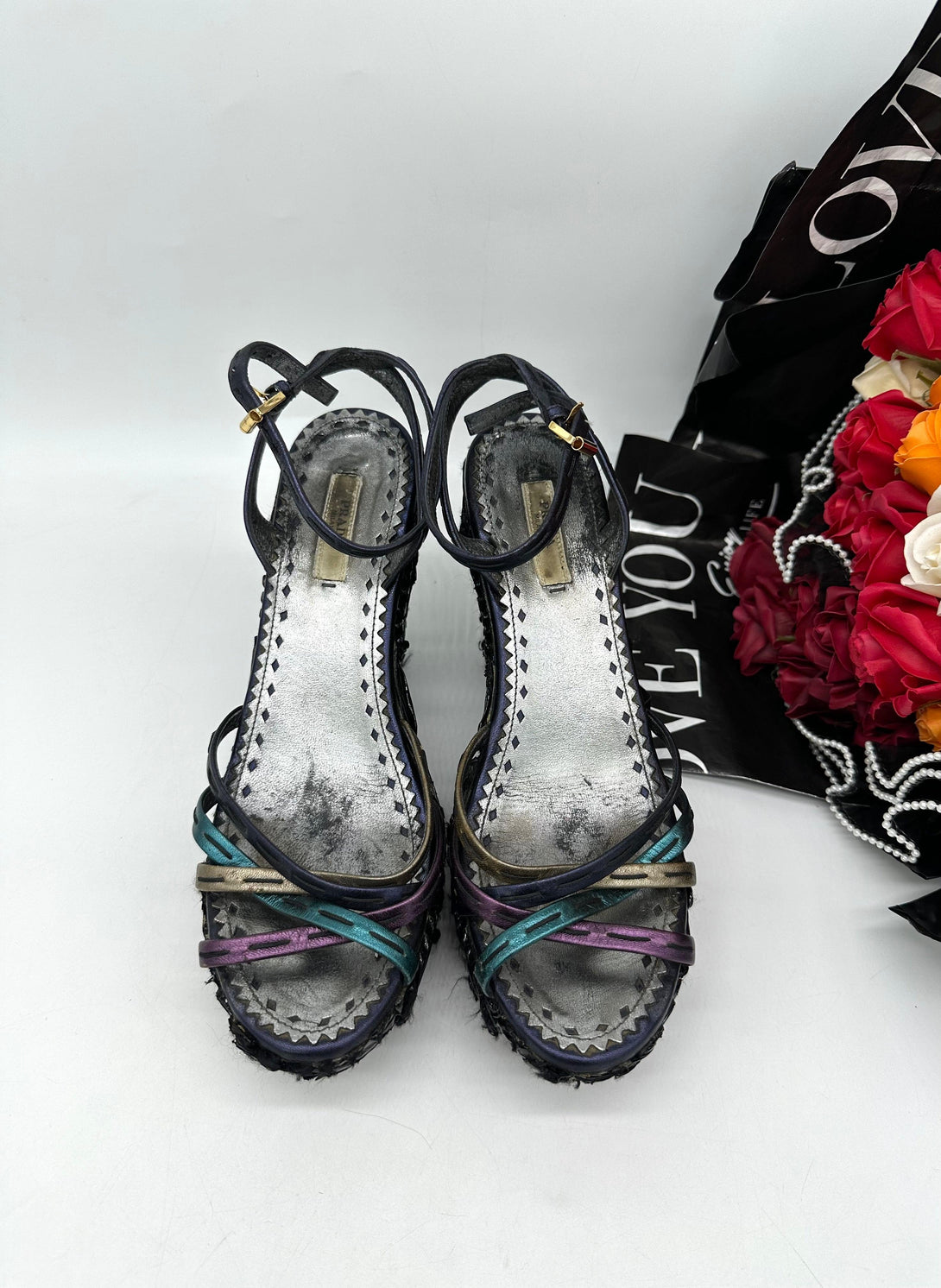 PRADA Metallic Multicolor Leather Strappy Platform Sandals Size 381/2 - Reeluxs 