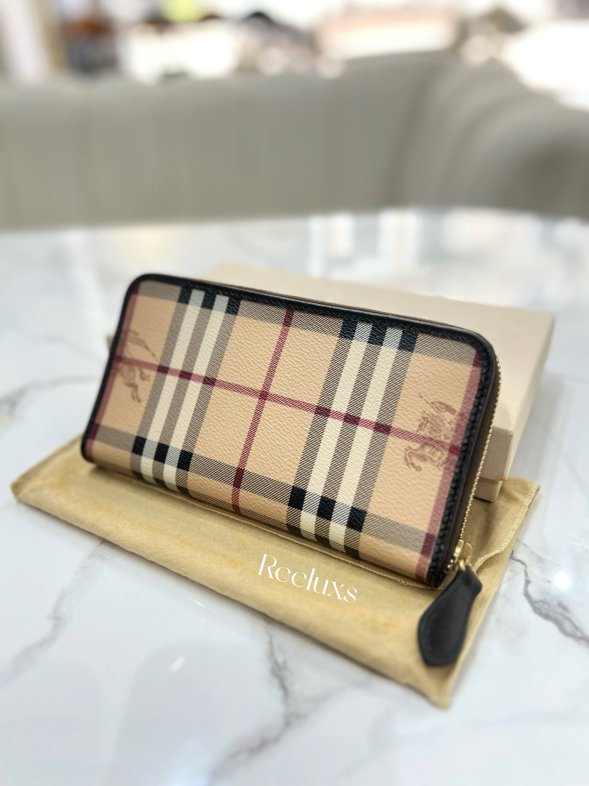 FullSet BURBERRY Brown Leather Haymarket Check Coated Canvas Zip Wallet