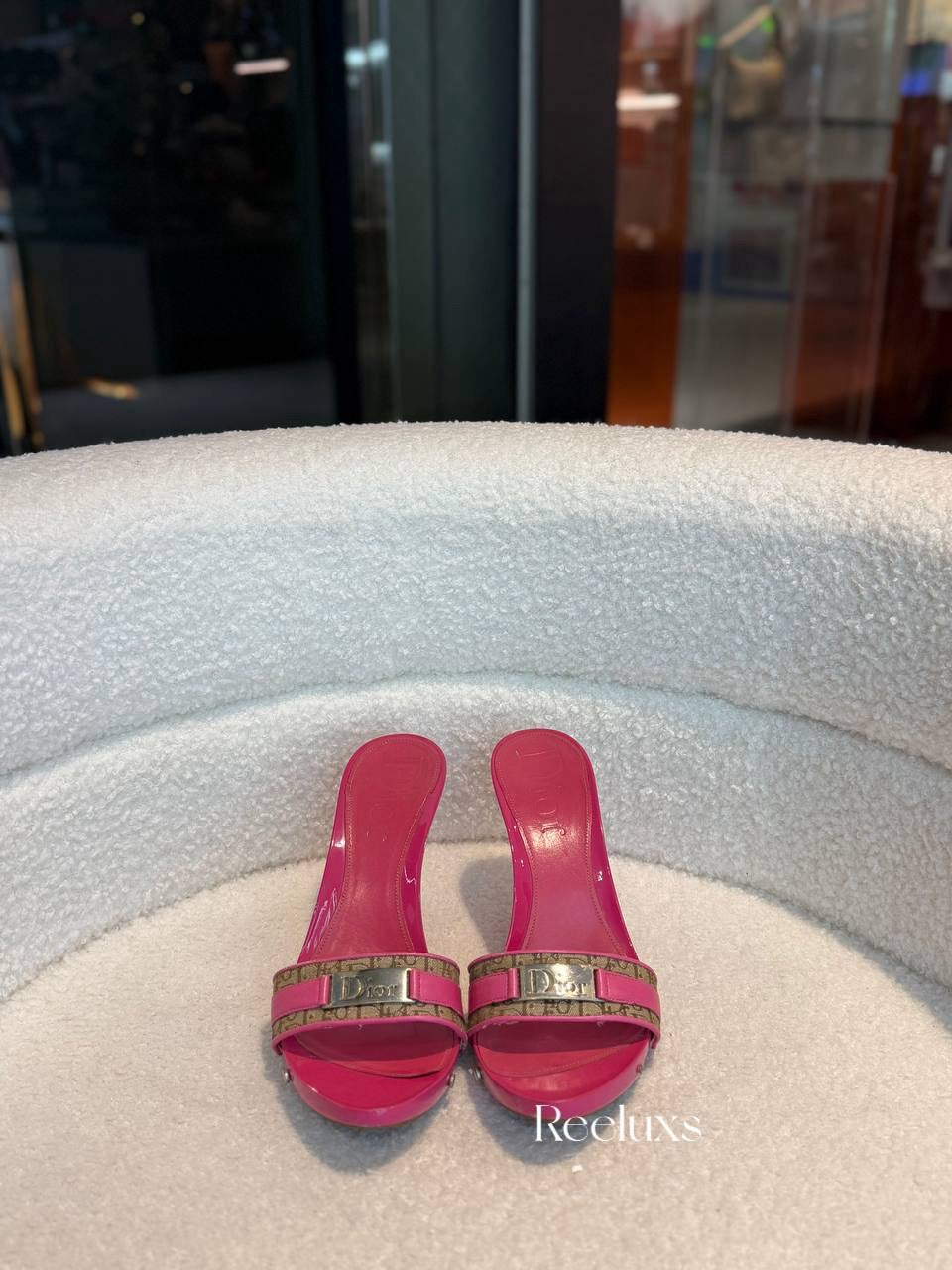 Dior Pink Leather and Beige Canvas Monogram Mules