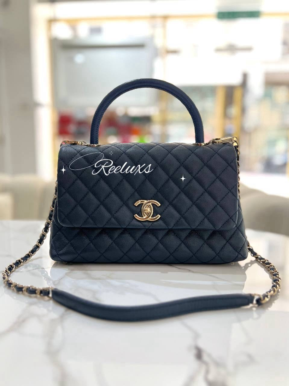FULL SET CHANEL Coco Handle Bag In Navy Blue Quilted Caviar Leather
