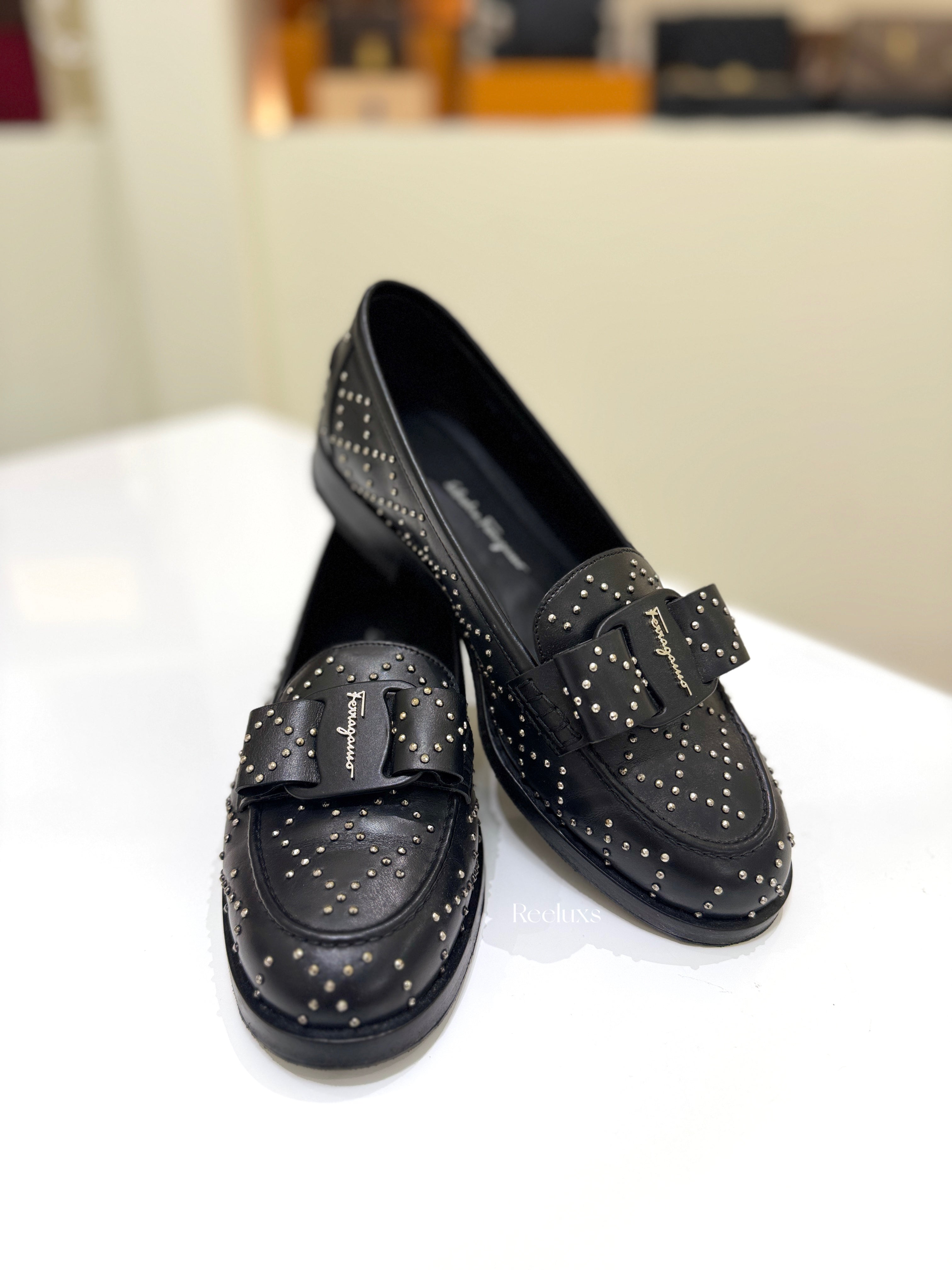 FERRAGAMO Viva Studded Loafers in Black Calf Leather