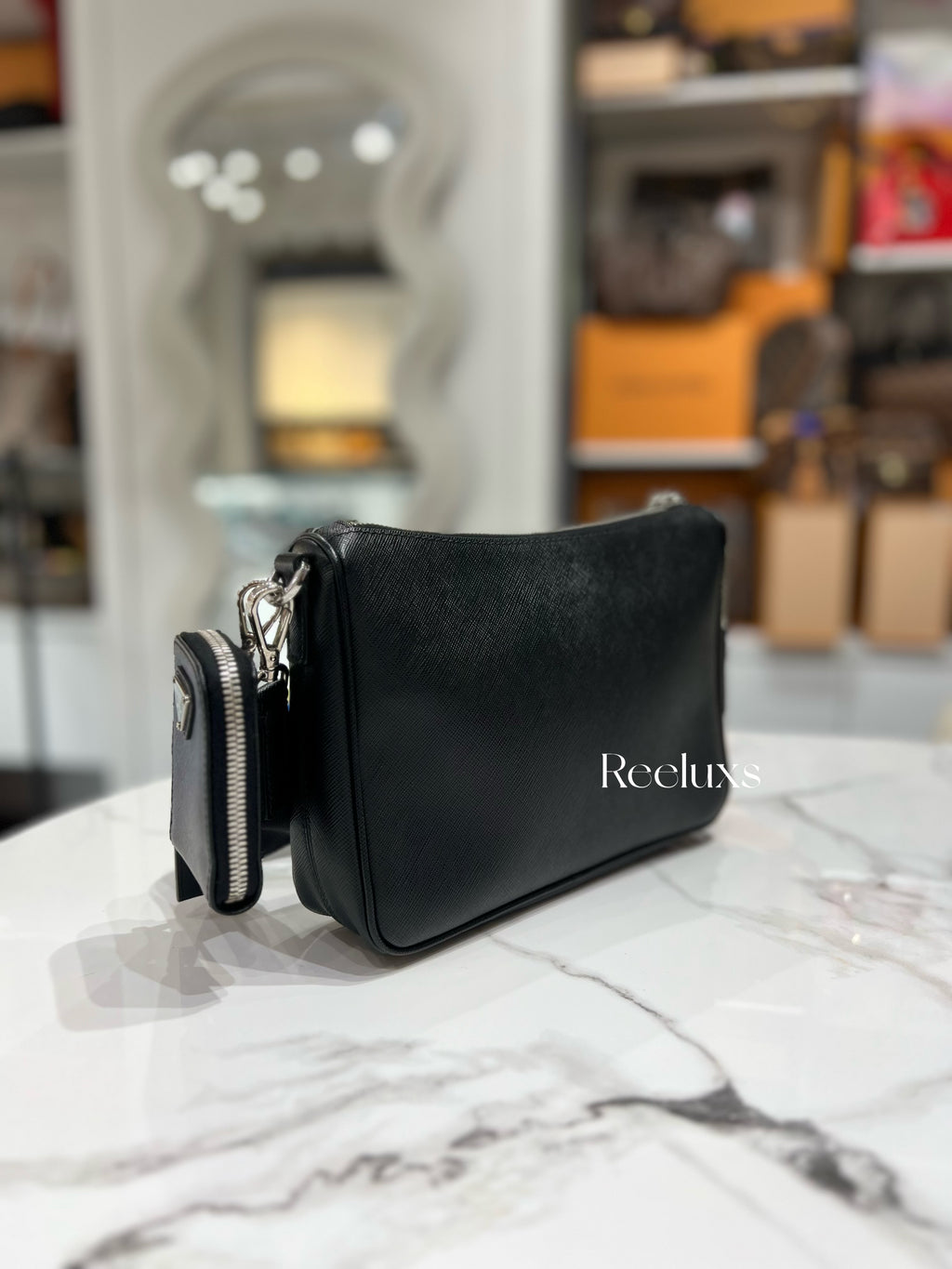 Full Set Black PRADA Saffiano Leather Shoulder Bag