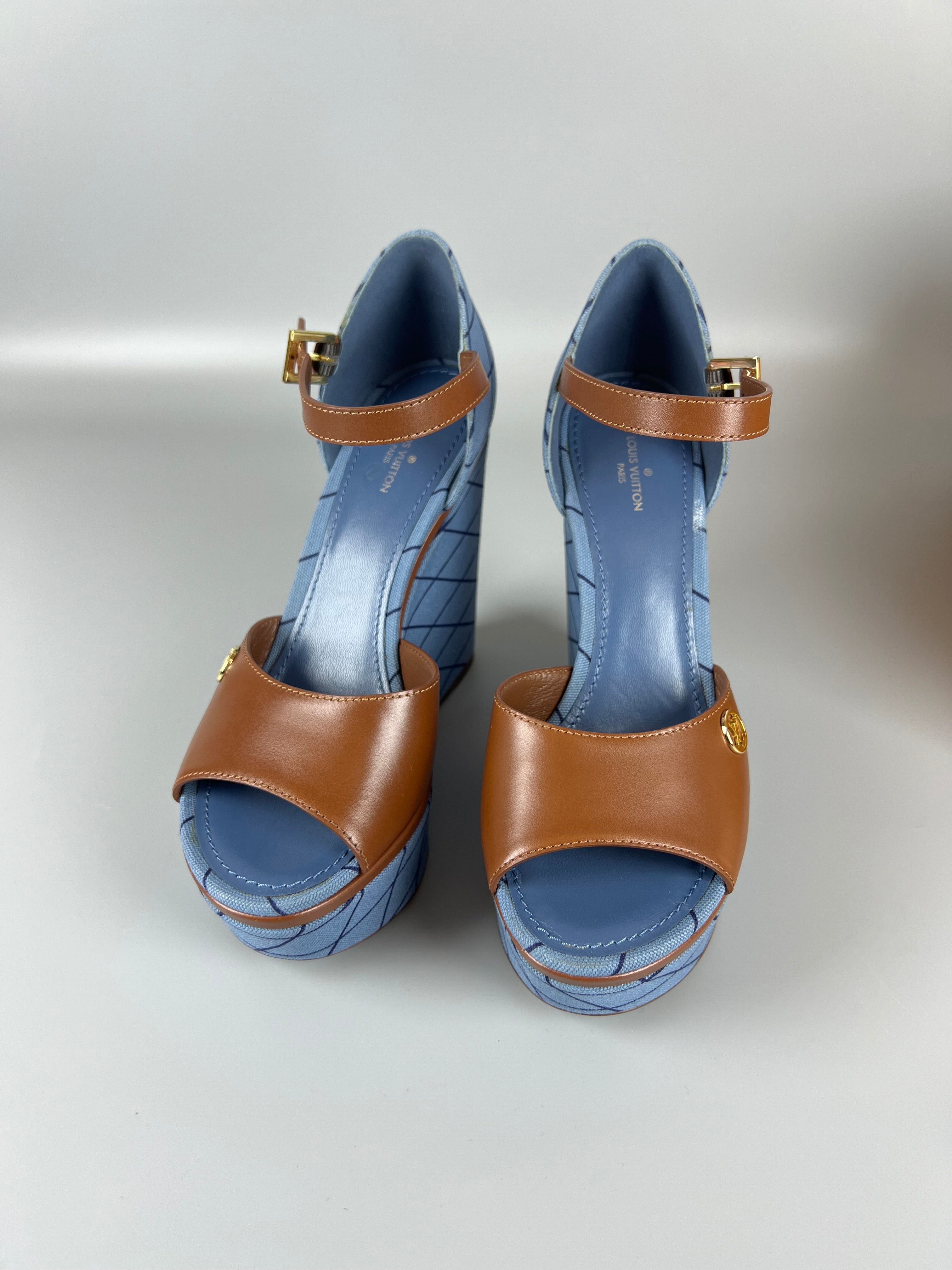 LOUIS VUITTON LV Denim Malletage Blossom Wedge Heels