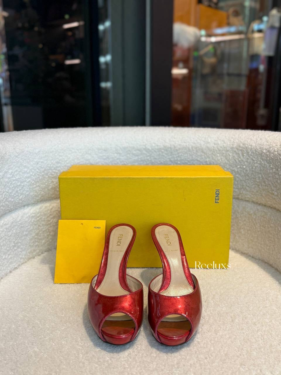Fendi Burgundy Patent Leather FF Superstar Peep Toe Mule Slides