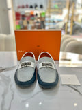HERMES Epsom Mens Irving Driving Moccasin Loafers Bleu Glacier Blanc Colvert Size 43