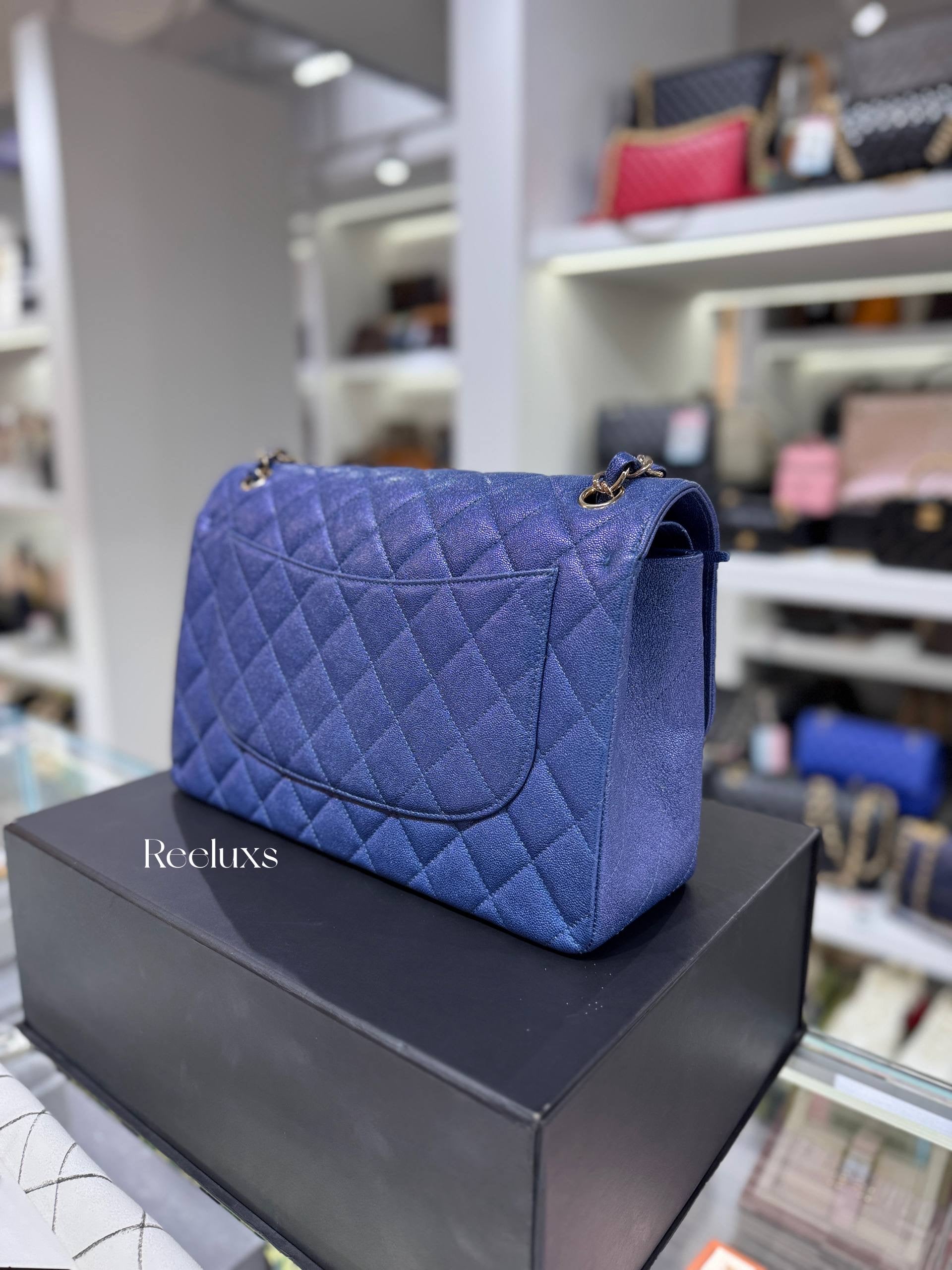 CHANEL Iridescent Caviar Quilted Leather Medium Classic Double Flap Bag Full Set