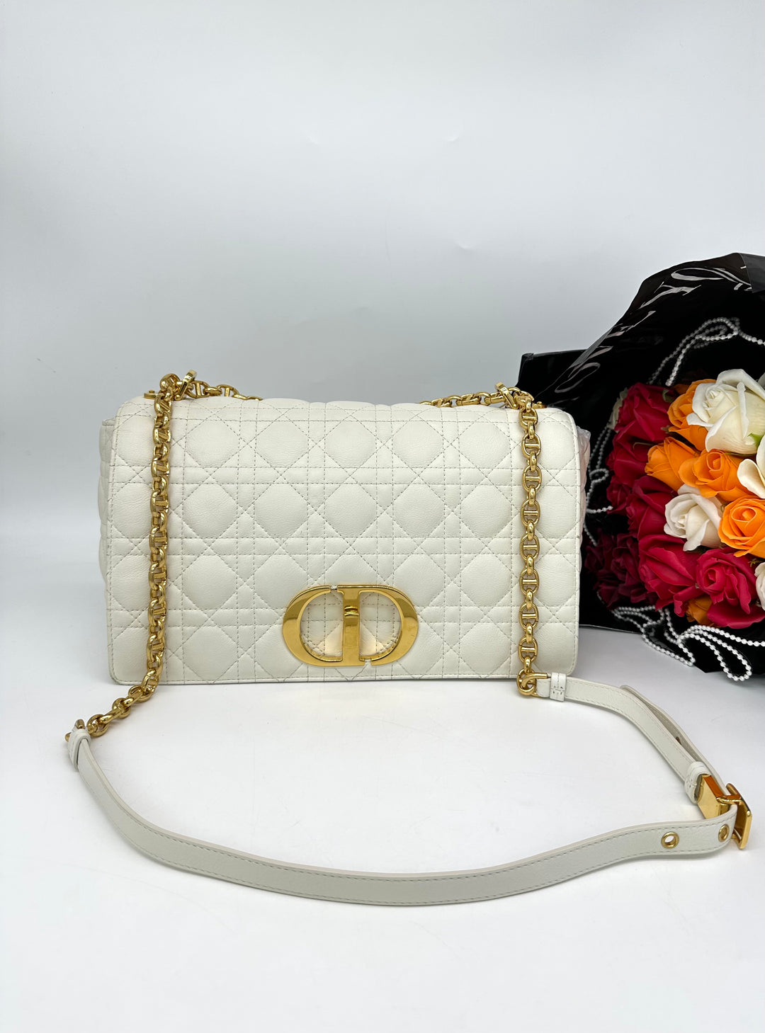 DIOR Women Large Dior Caro Bag Supple Cannage Calfskin-White