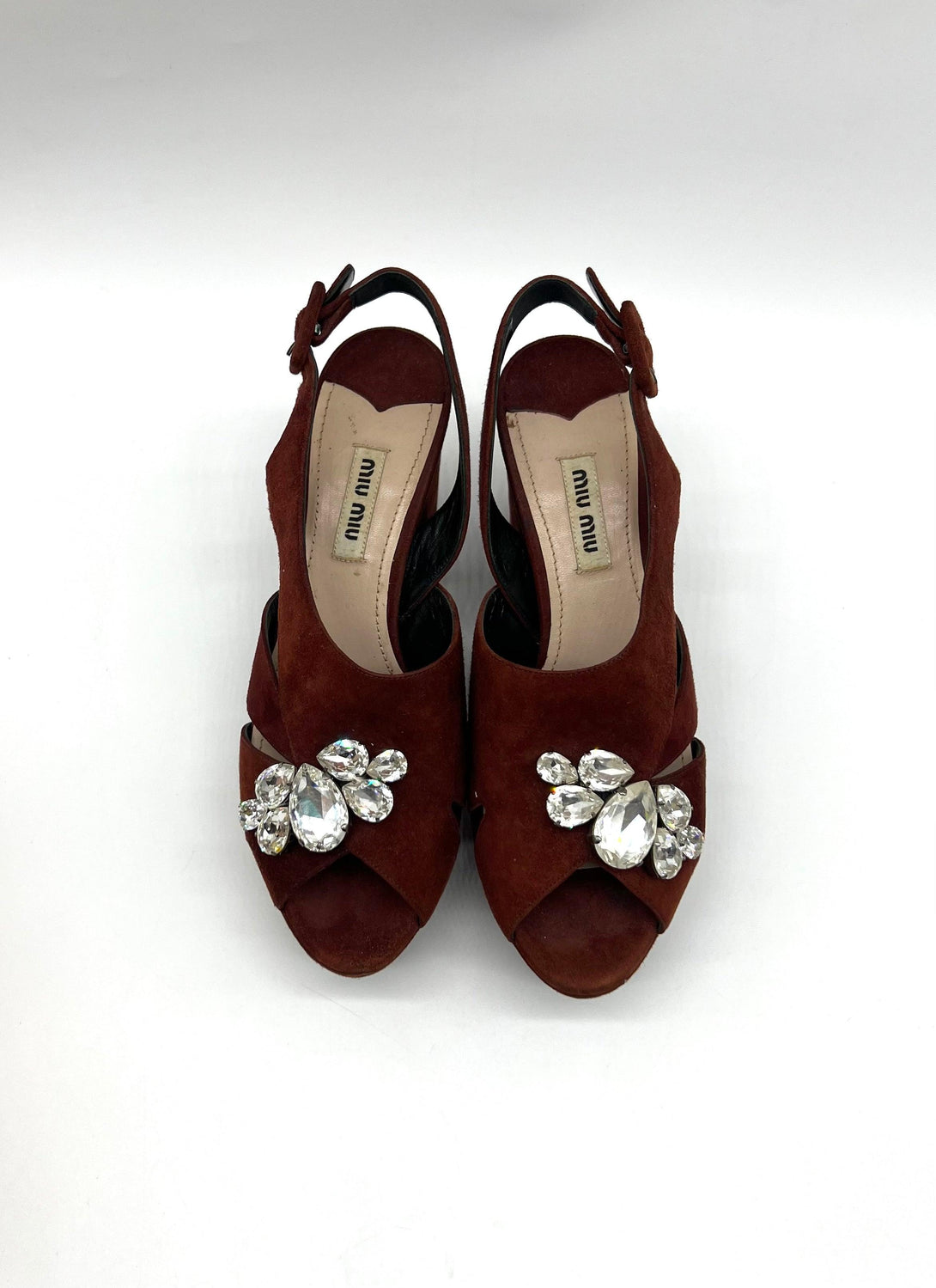 MIU MIU Burgundy Suede Crystal Embellished Platform Block Heel Sandals - Reeluxs 