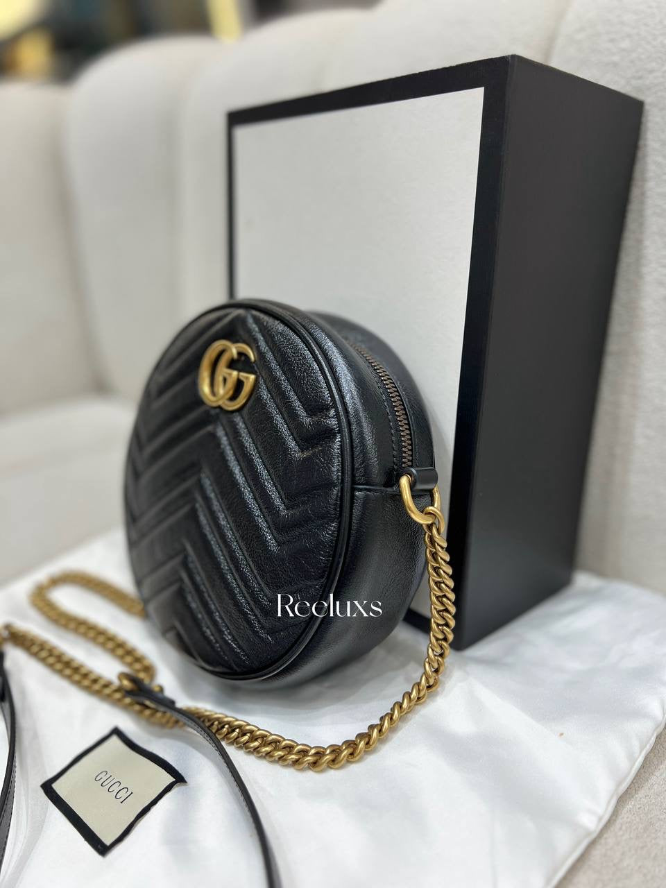 FULLSET GUCCI GG Marmont Round Crossbody Bag Mini Black