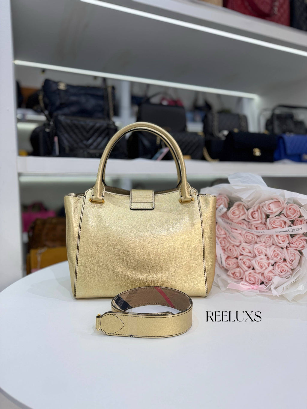 BURBERRY Metallic Soft Grain Calfskin Medium Buckle Tote