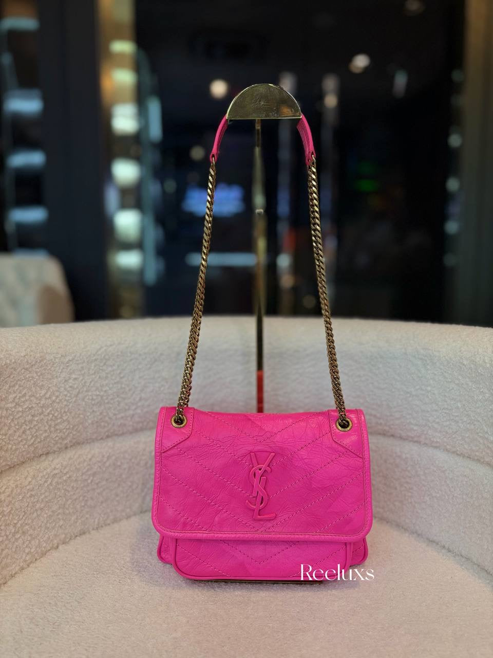 Saint Laurent Niki Baby Shoulder Bag in Hot-Pink Vintage Quilted Leather