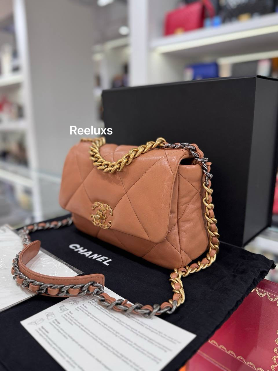 CHANEL 19 Flap Bag Caramel Shiny Lambskin Brown Fullset