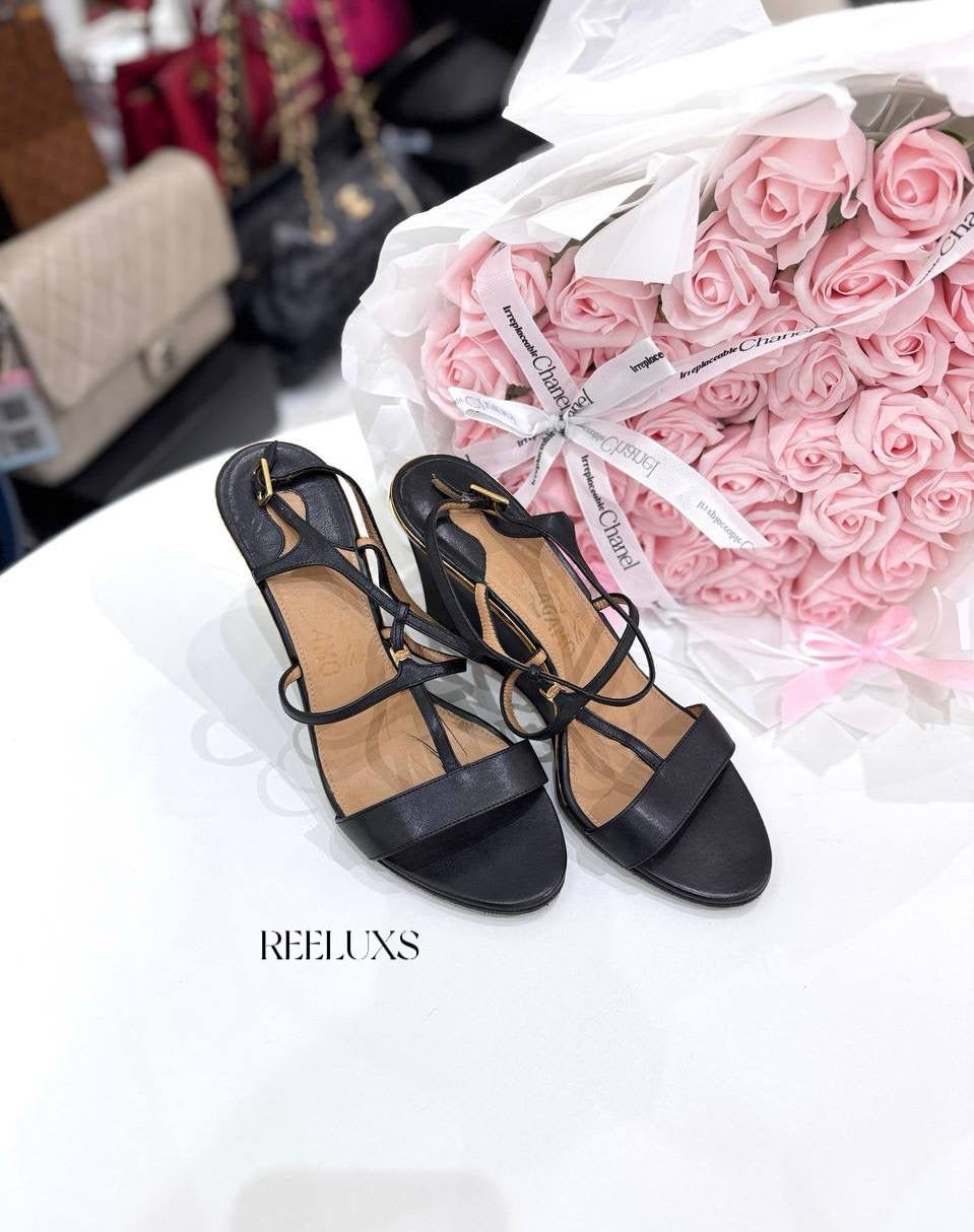 Salvatore Ferragamo Black Leather T-Strap Ankle Sandals