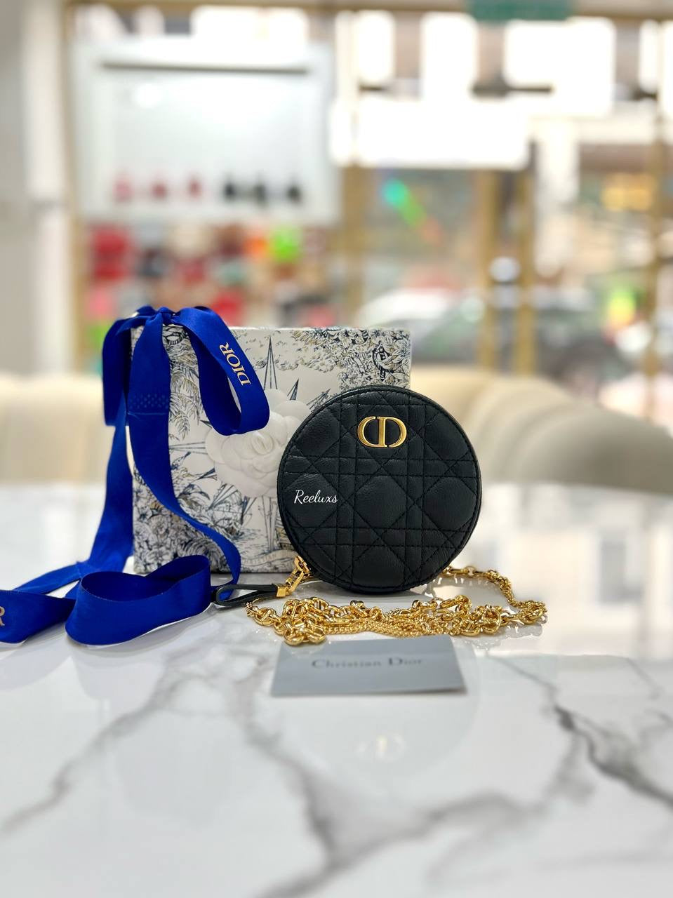 CHRISTIAN DIOR Black Supple Calfskin Cannage Round Caro Coin Purse