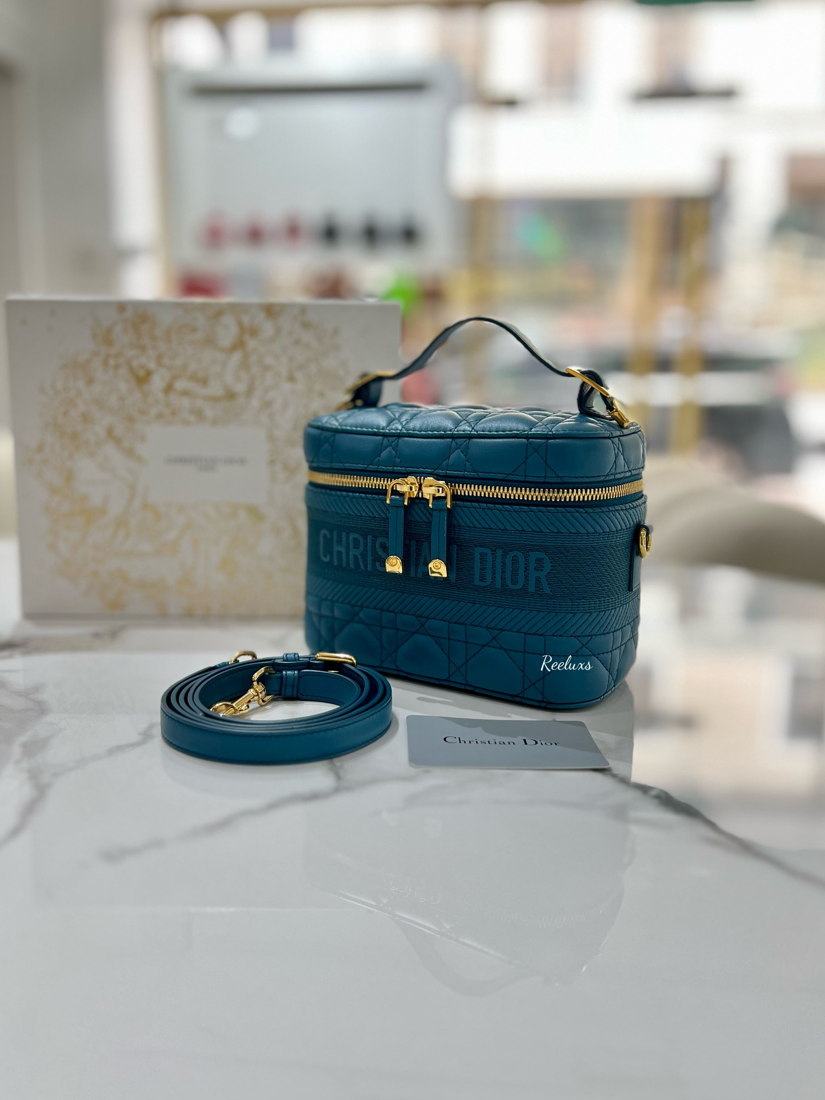 CHRISTIAN DIOR  Lambskin Cannage Small Diortravel Vanity Case Deep Ocean