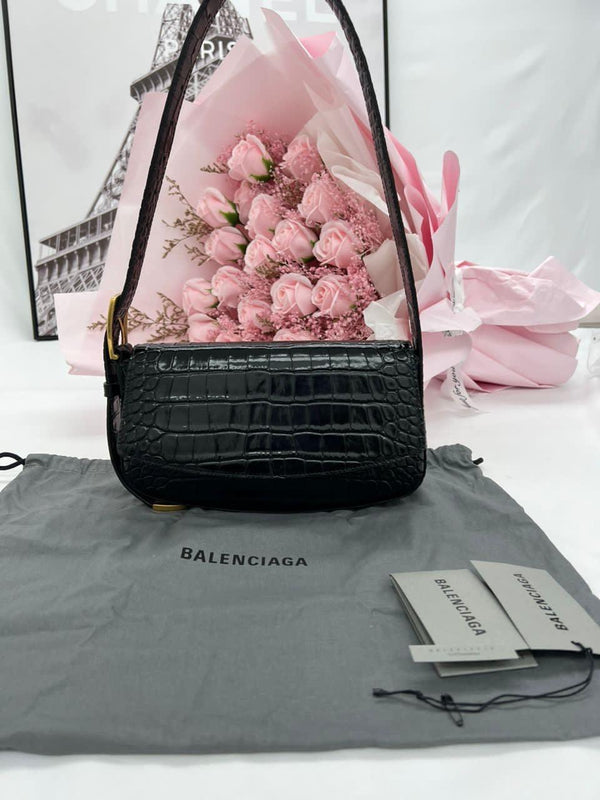 NEW BALENCIAGA Ghost Bag shiny Embossed Crocs Calf black - Reeluxs 