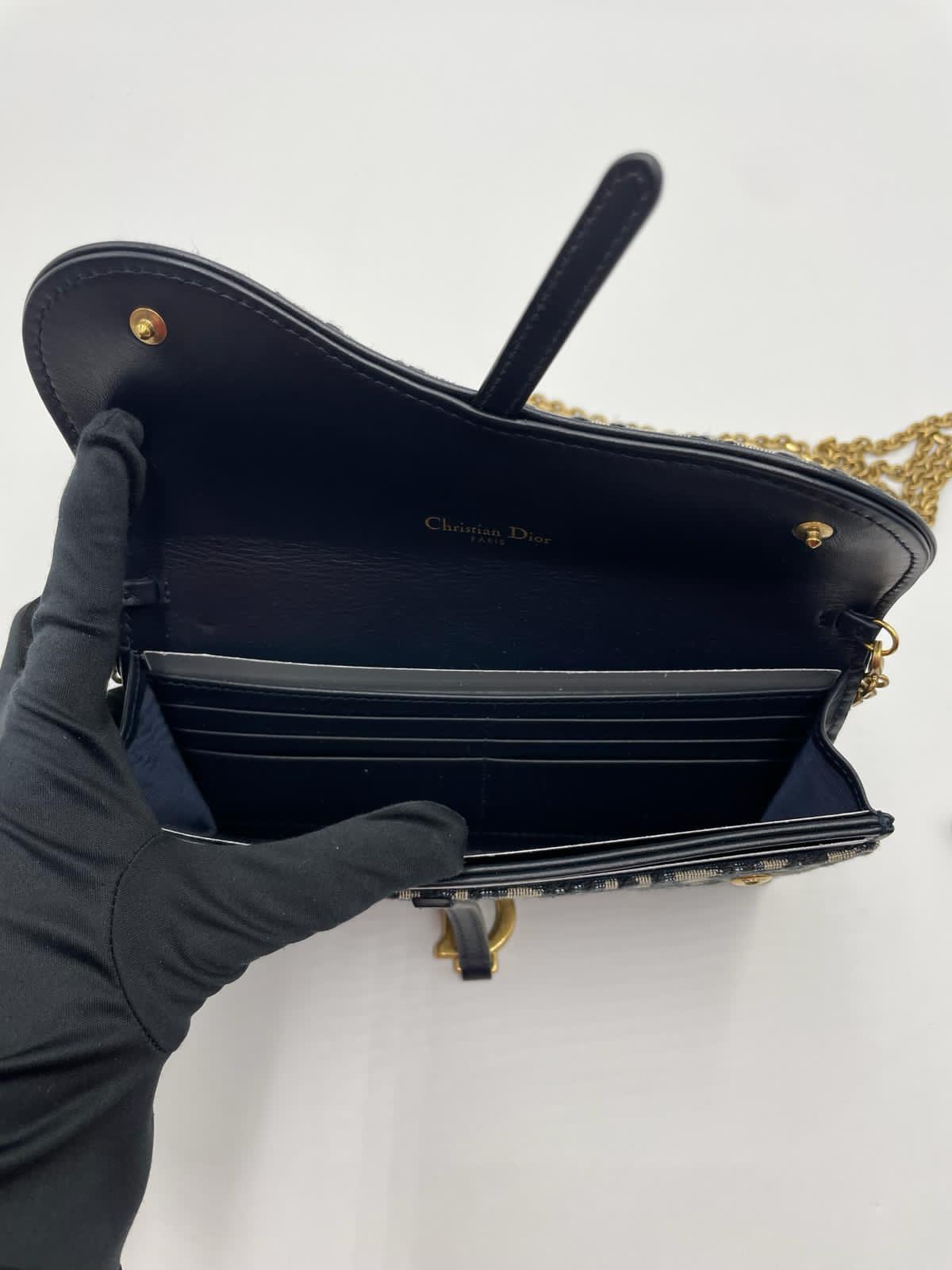 CHRISTIAN DIOR Long Saddle Wallet with Chain in Blue Dior Oblique Jacquard - Reeluxs 