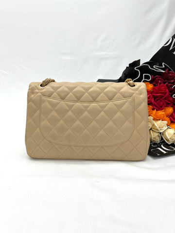 CHANEL Beige Lambskin Jumbo Classic Flap - Reeluxs 