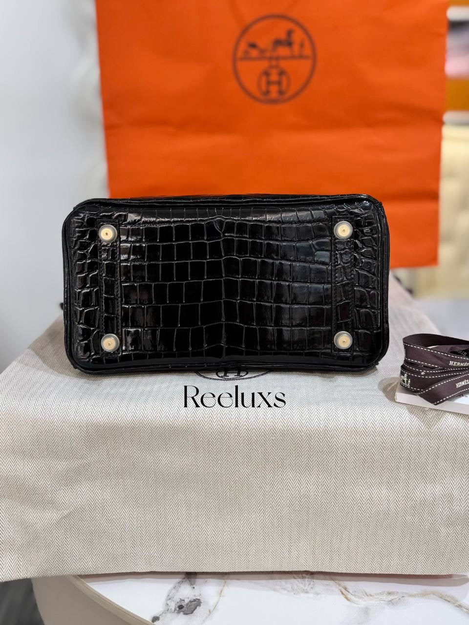 FULL SET As New HERMES Birkin 25 Black Crocodile Shiny Porosus Gold Hardware Handbag ( GHW )