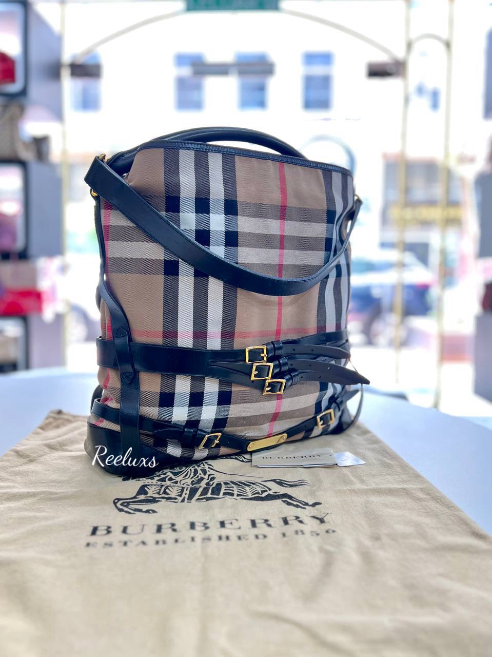 BURBERRY Bridle Gosford House Check Hobo Bag With Black Leather Trim