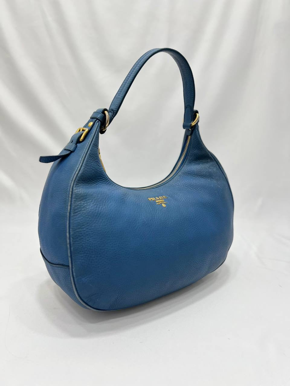 PRADA Blue Pebbled Leather Hobo Women Shoulder Bag