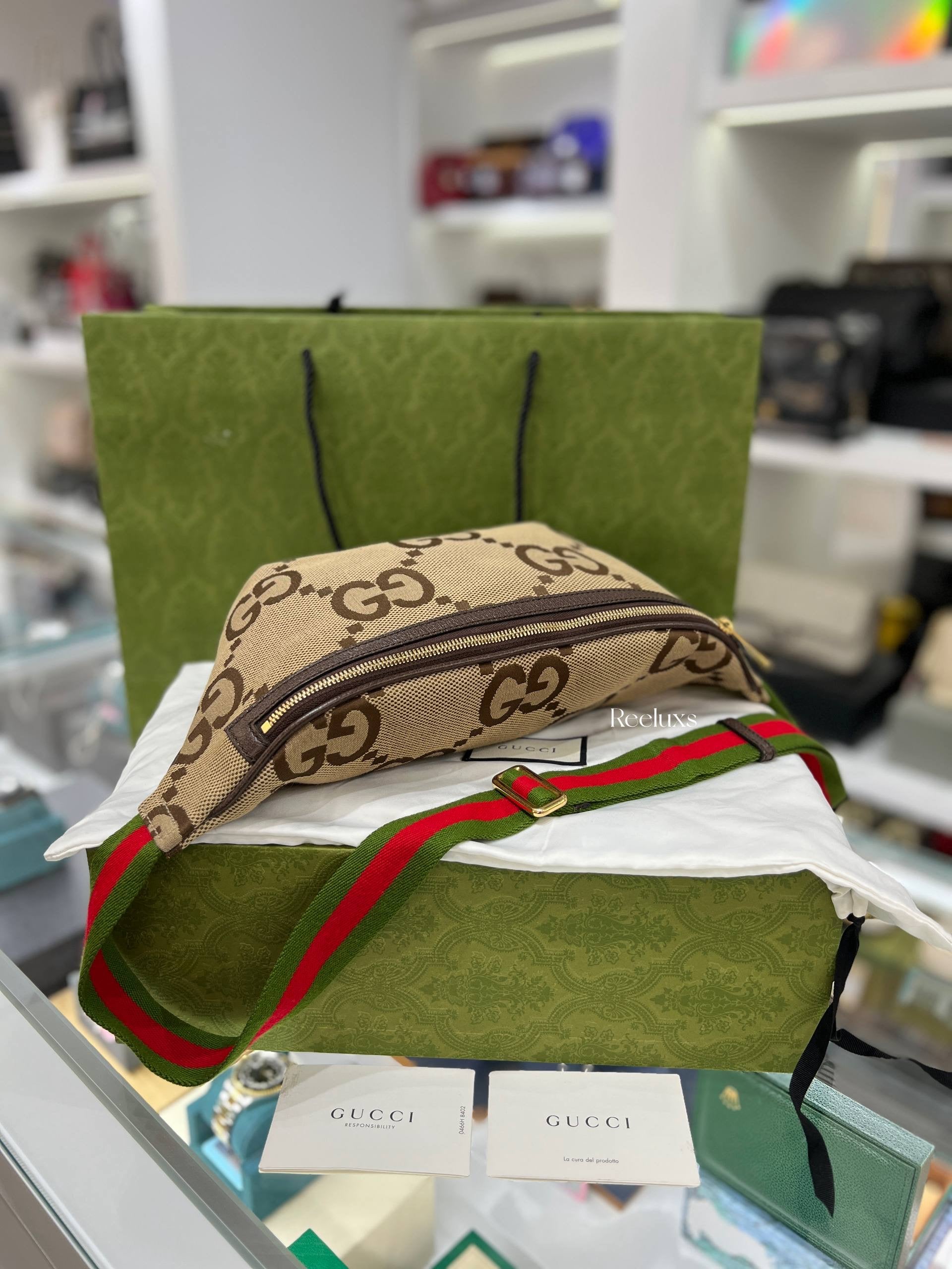 Full Set GUCCI Jumbo GG Belt Bag in Camel and Ebony Canvas