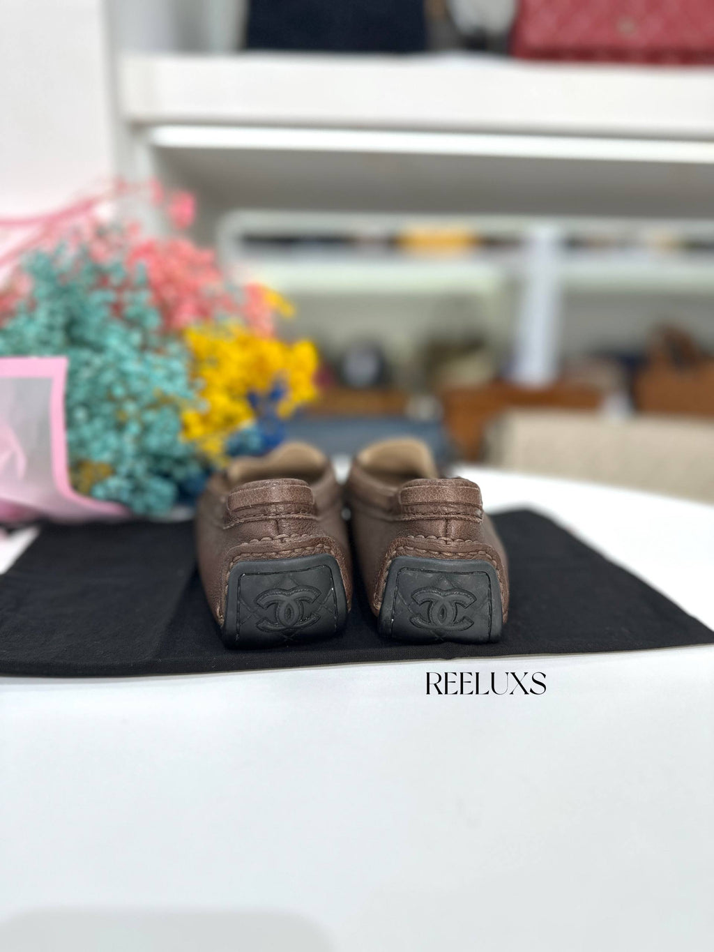 Chanel brown leather tassel driving loafers