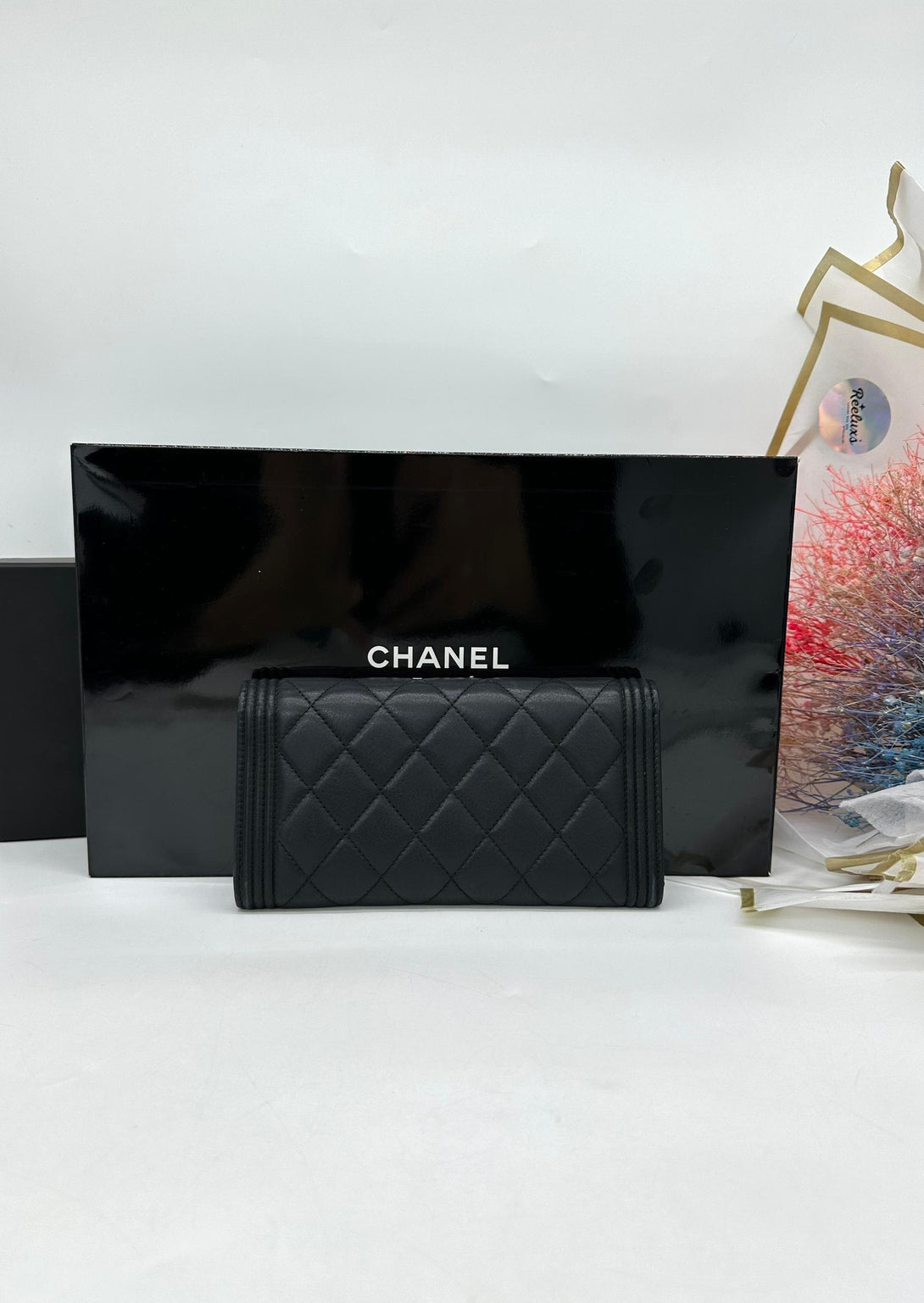 Full Set CHANEL Long Wallet Boy Lambskin Black For Women - Reeluxs 