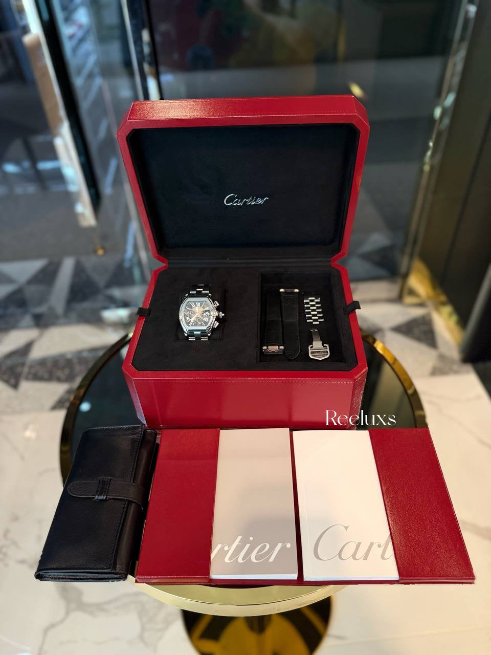 Chronograph Cartier 43mm Roadster XL Black Dial Steel Bracelet