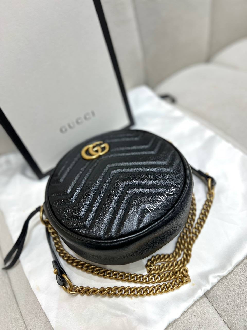 FULLSET GUCCI GG Marmont Round Crossbody Bag Mini Black