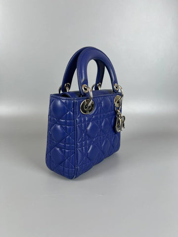 CHRISTIAN DIOR Lady Mini Blue Chain Flap Ver 2 Way  Shoulder Bag