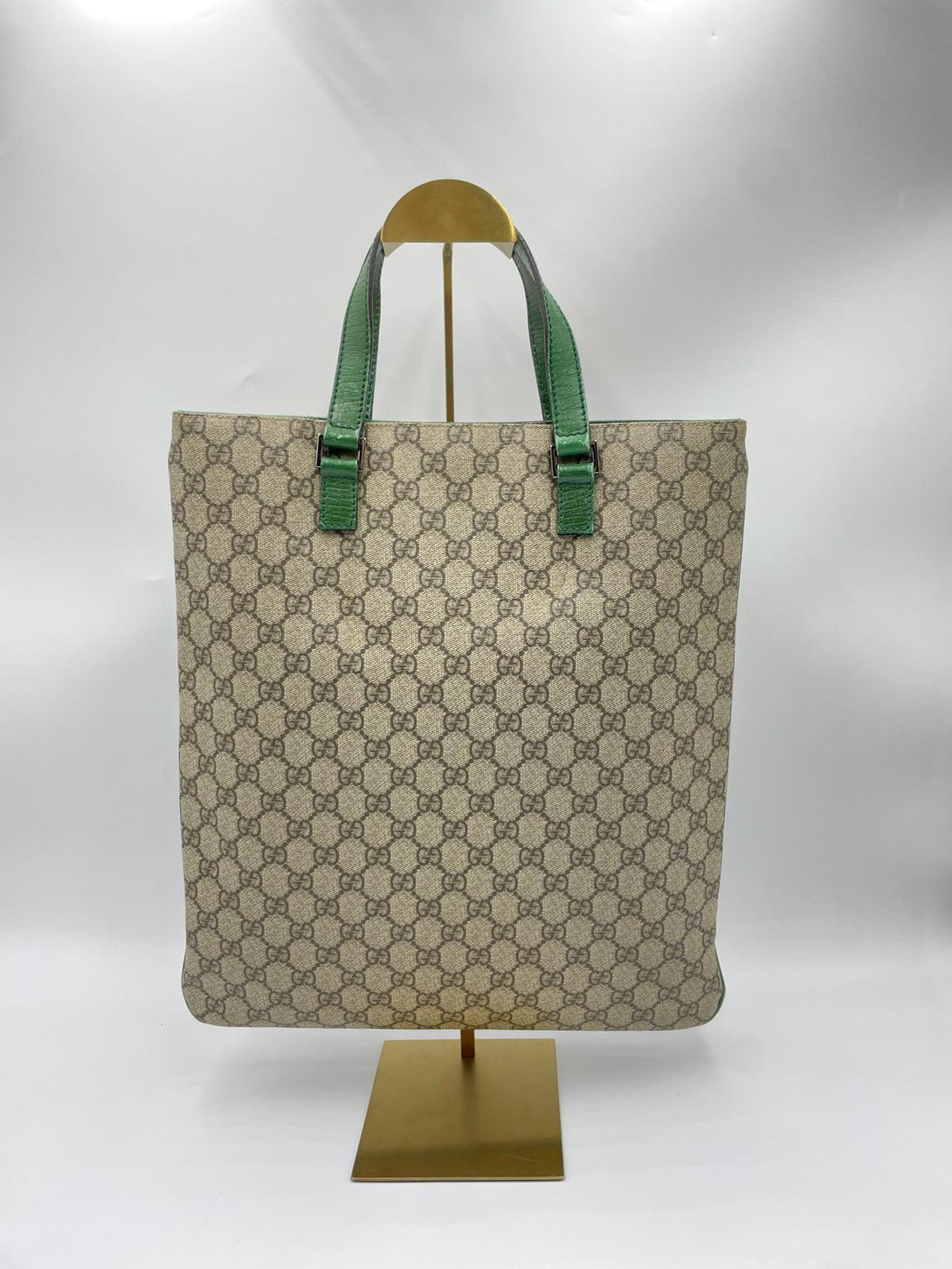 GUCCI Leather Tote Bag GG Pattern Green Handle - Reeluxs 