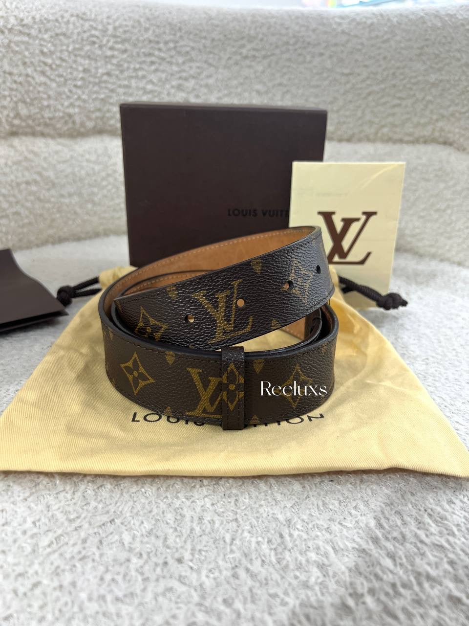 LOUSI  VUITTON Monogram Canvas Belt With a Gold-Tone LV