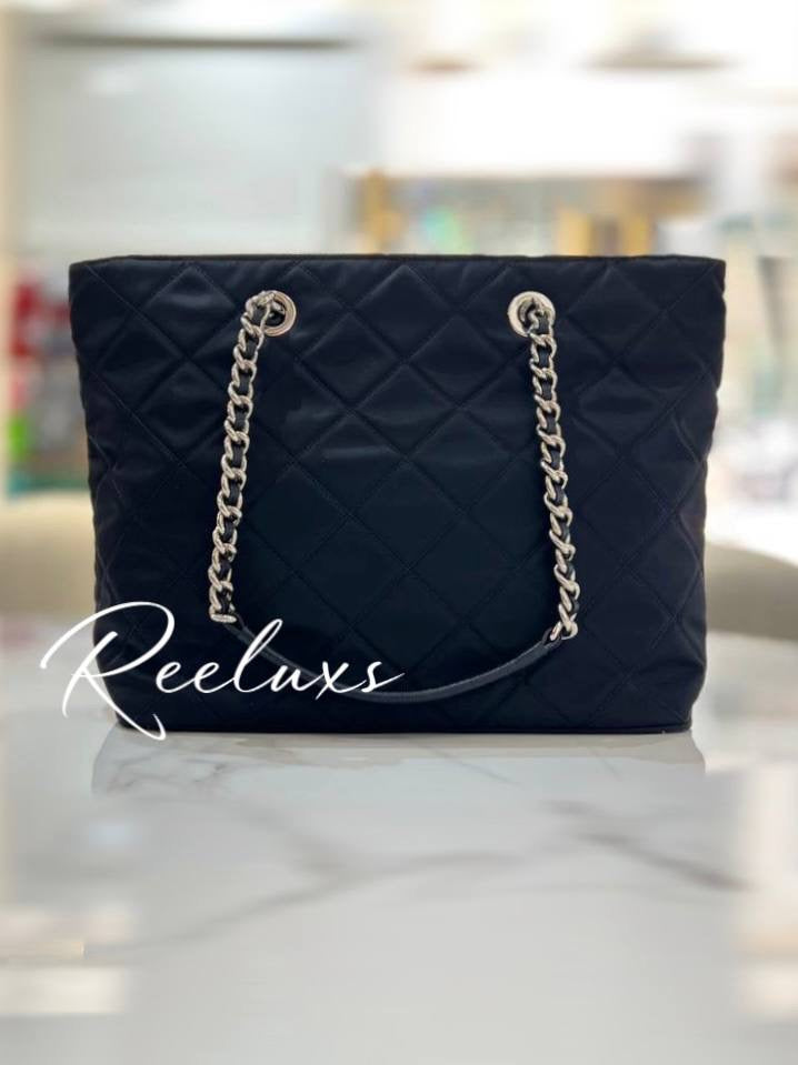 PRADA Black Quilted Tessuto Nylon Chain Shoulder Tote Handbag