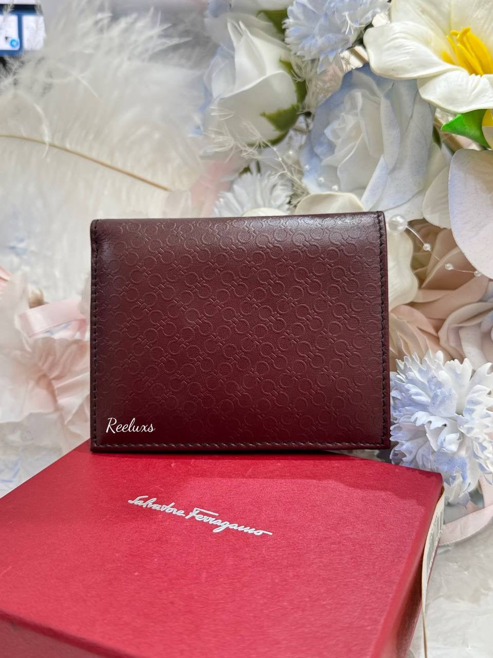 SALVATORE FERRAGAMO Embossed Gancini Wine Leather Bifold Wallet