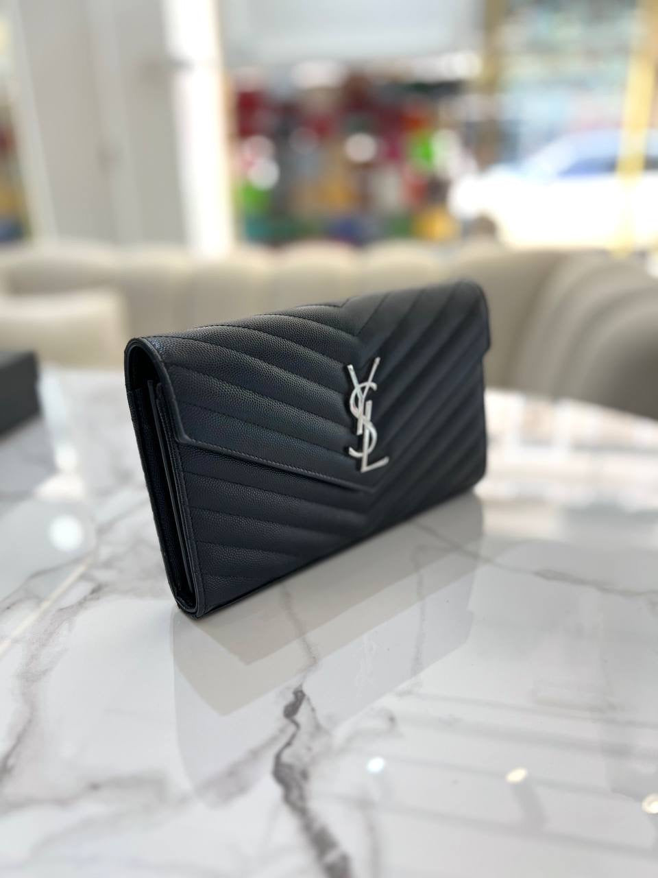 YVES SAINT LAURENT YSL Cassandre Matelasse Envelope SHW Wallet On Chain WOC In Black