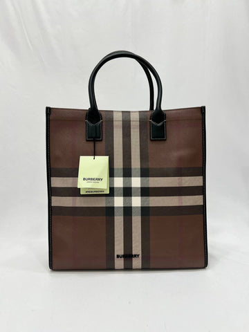 BURBERRY Check- Pattern Tote Bag Brown