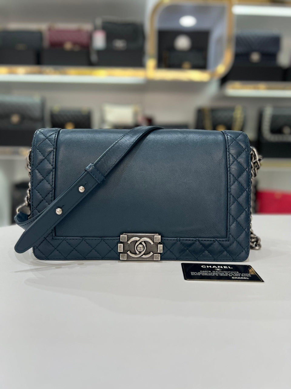 CHANEL Boy Calf Skin Size Blue Leather Flap Women’s Shoulder Bag - Reeluxs 