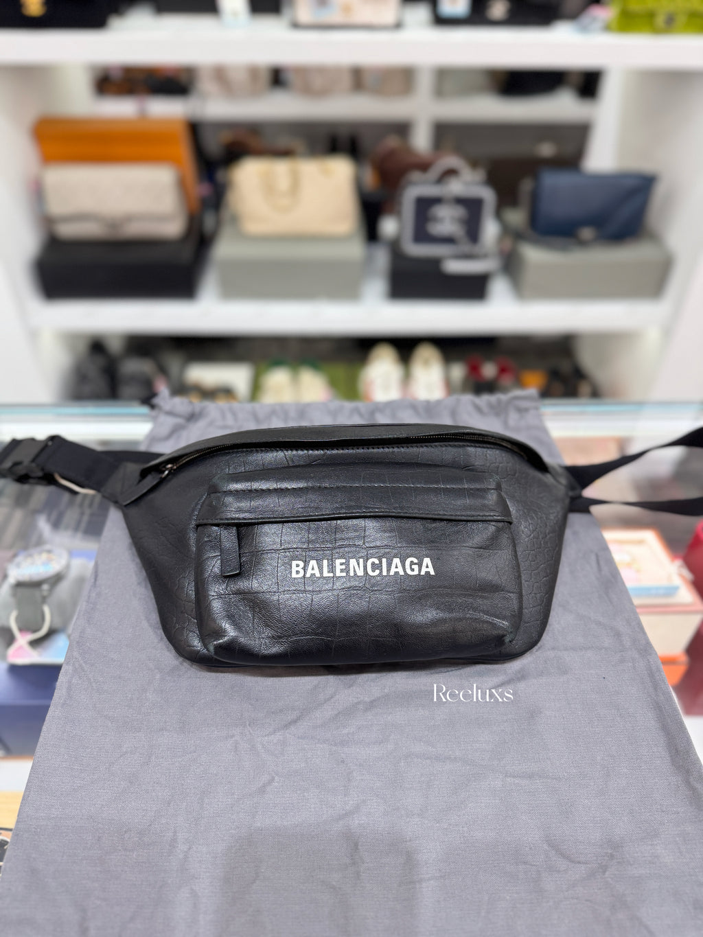 BALENCIAGA Everyday Belt Bag in Crocodile-Embossed Leather