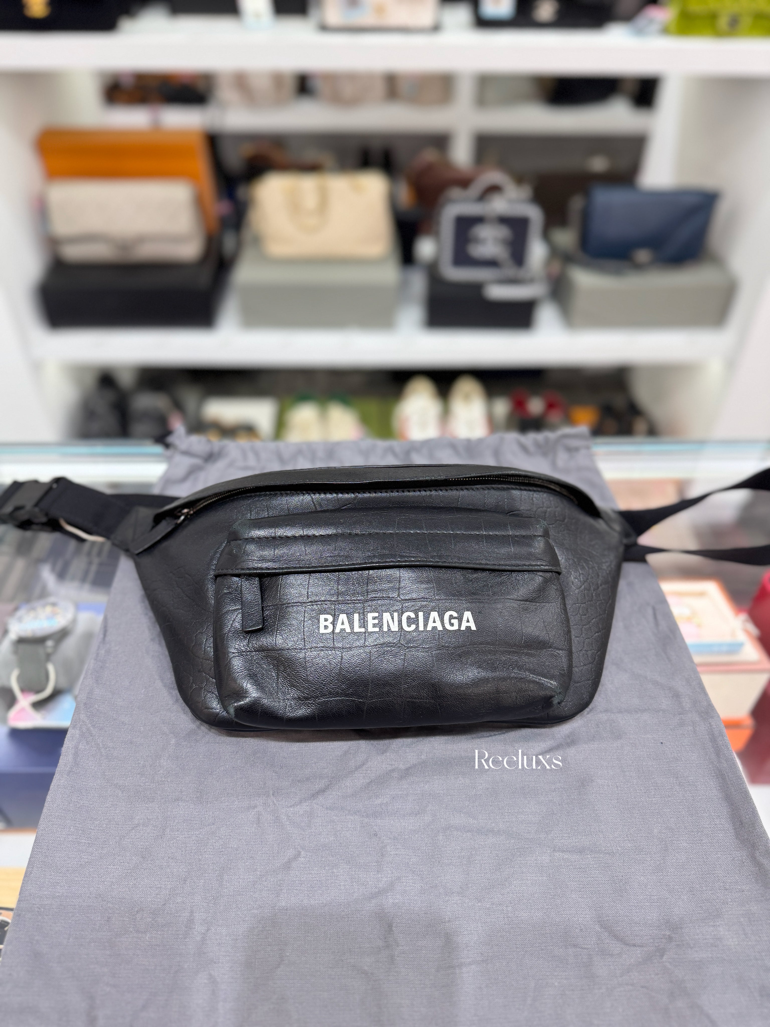BALENCIAGA Everyday Belt Bag in Crocodile-Embossed Leather