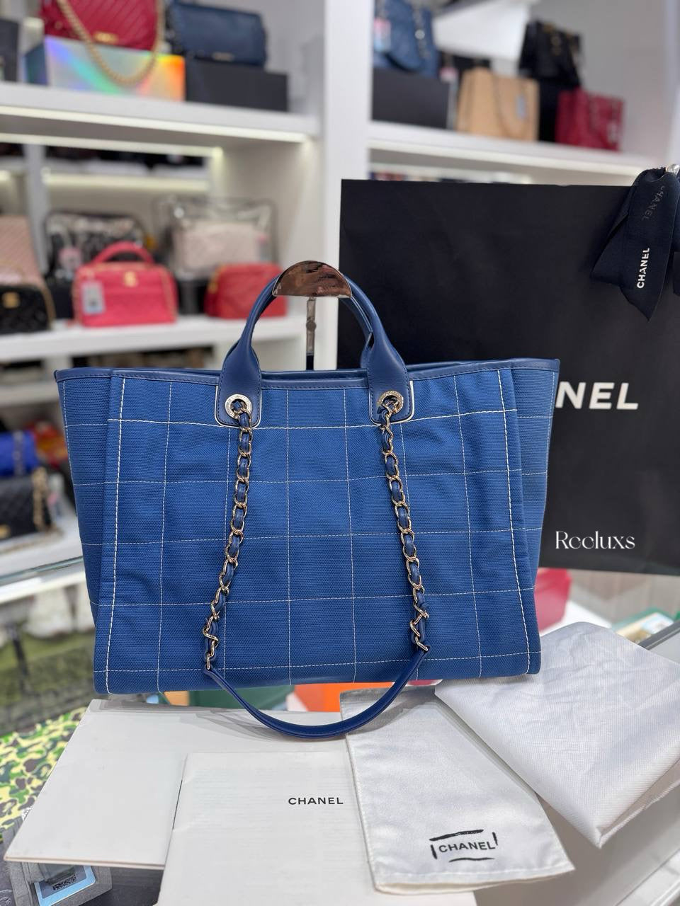 CHANEL Medium Blue Mixed Fibers Deauville Tote Bag