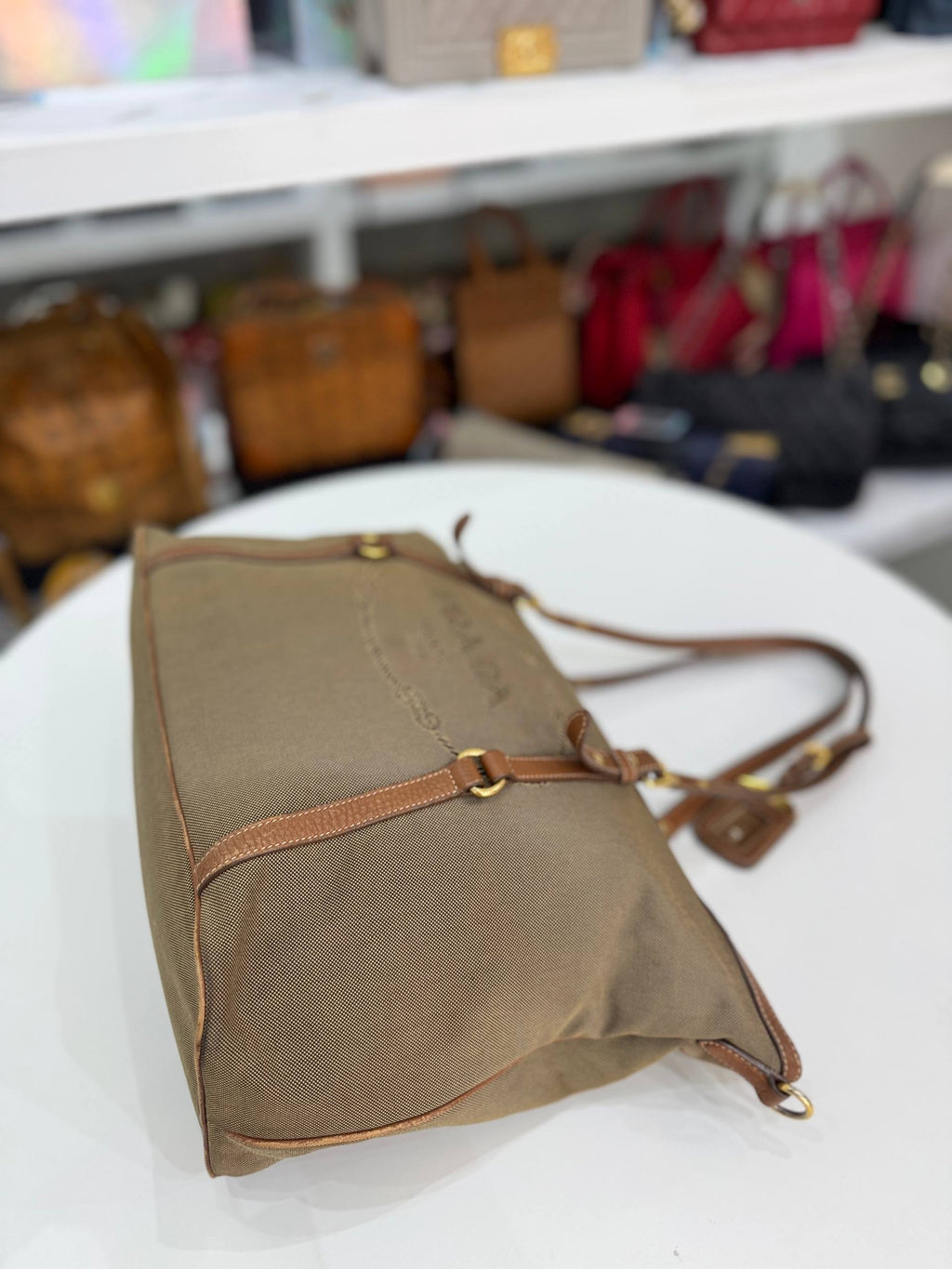 PRADA Vintage Logo Jacquard Canvas Brown Leather Tote Bag