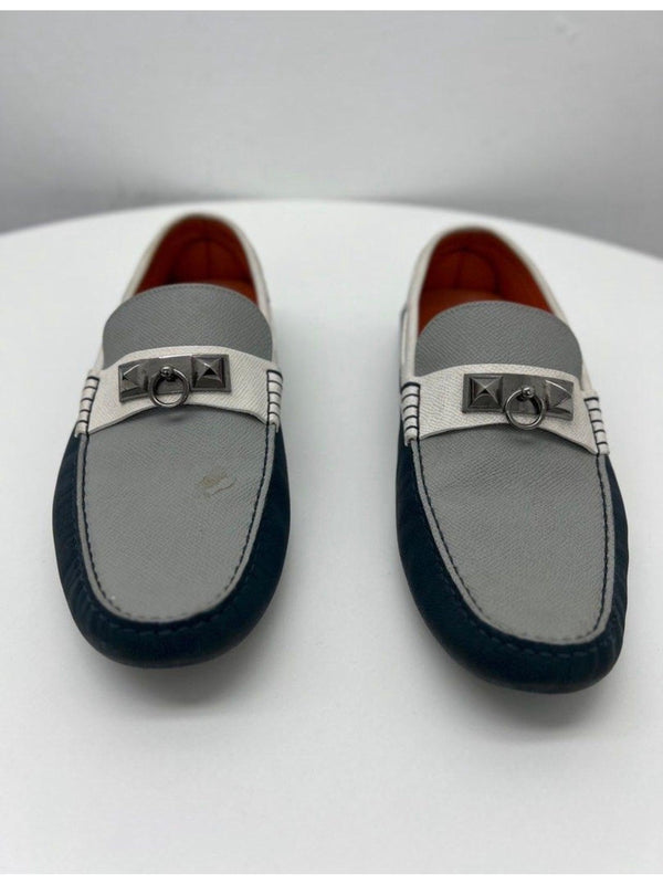 HERMES Epsom Mens Irving Driving Moccasin Loafers Bleu Glacier Blanc Colvert Size 43 - Reeluxs 