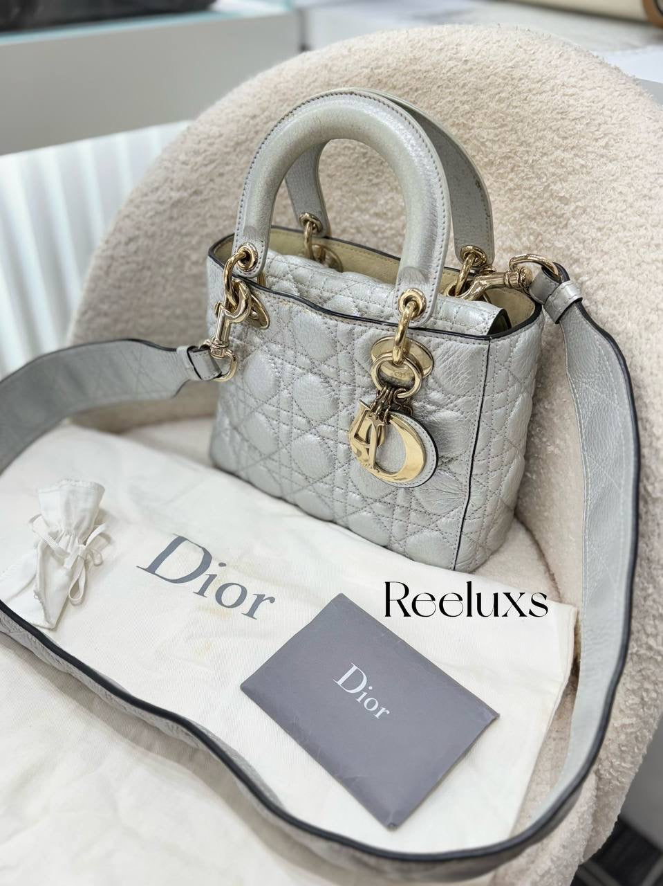 CHRISTIAN DIOR Lady Dior Soft Bag In Silver Leather Handbag - Shoulder Bag