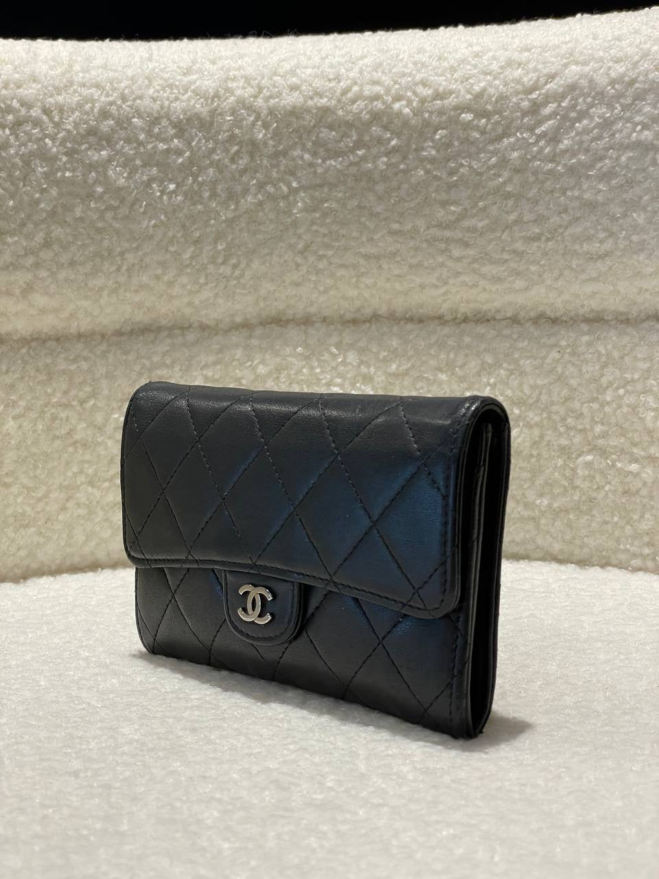 CHANEL Quilted Lambskin Flap Silver Hardware Long Wallet