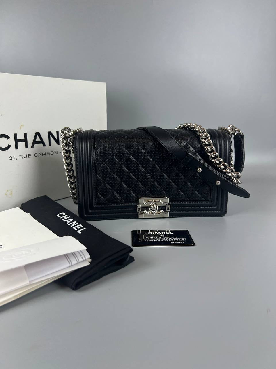 CHANEL Boy Perforated Quilted Lambskin Leboy Black&nbsp;SHW Slingbag