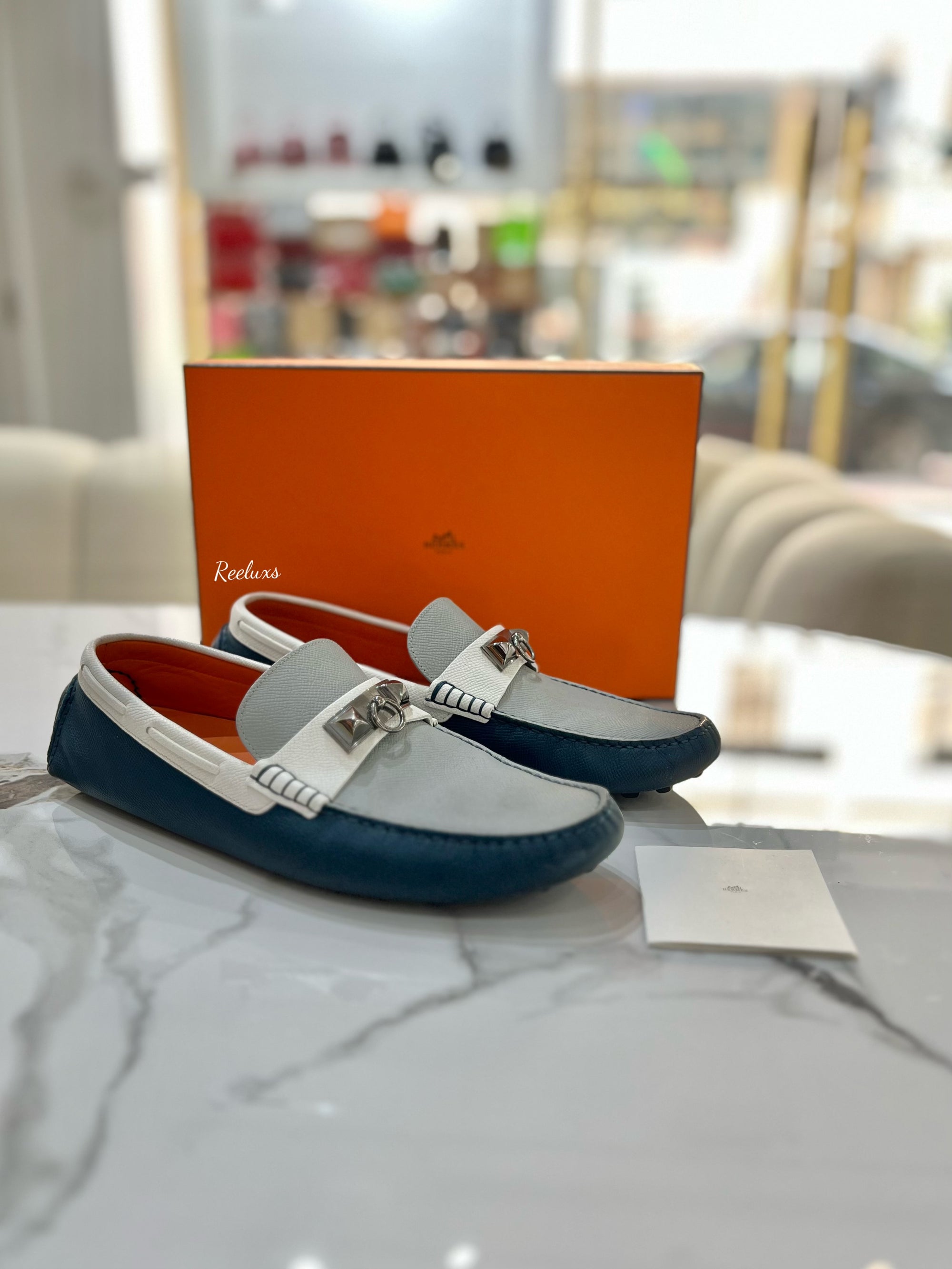 HERMES Epsom Mens Irving Driving Moccasin Loafers Bleu Glacier Blanc Colvert Size 43