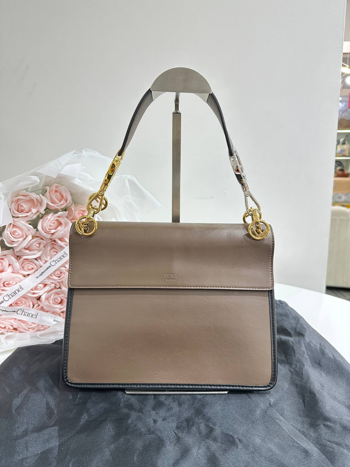 FENDI Kan I F Shoulder Bag in Taupe Brown Leather with FF Zucca Embossed Detail